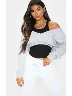 PrettyLittleThing Grey Cropped Off The Shoulder Sweatshirt Size Medium